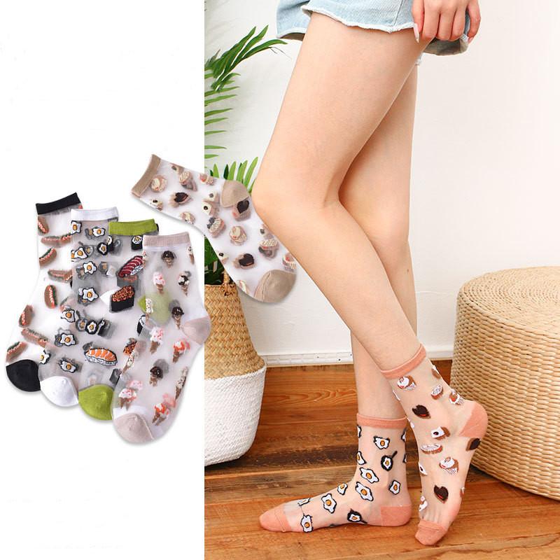 Summer Women Socks Ultra-thin Transparent Crystal Silk Socks Women Cartoon Print Japanese Kawaii Cute Funny Elastic Long Socks