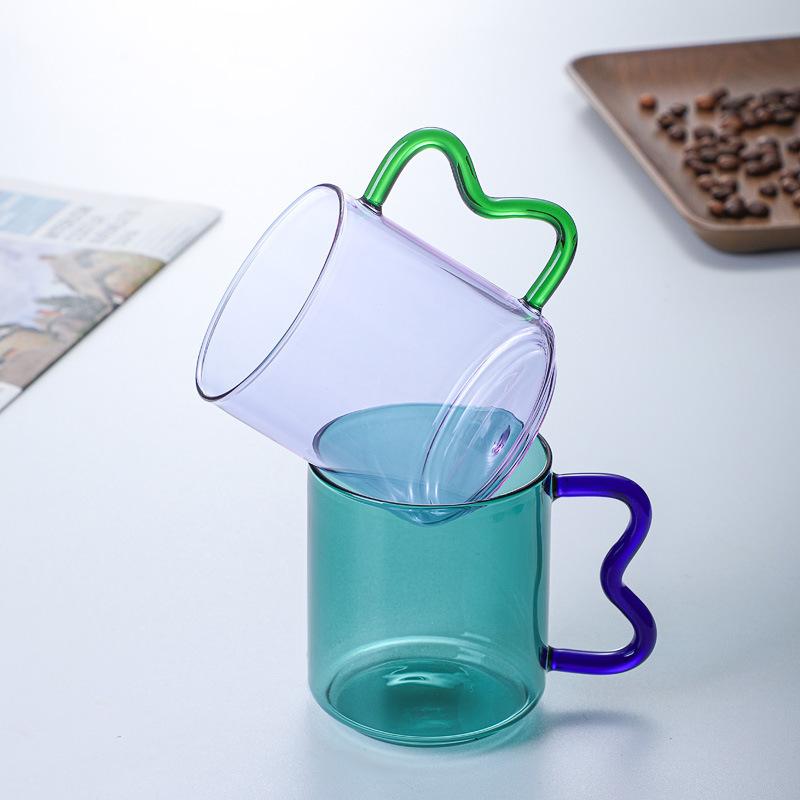 Colored Glass Cup with Wave Handle Coffee Breakfast Cup Large Capacity Milk Cup Microwaveable Cross-border