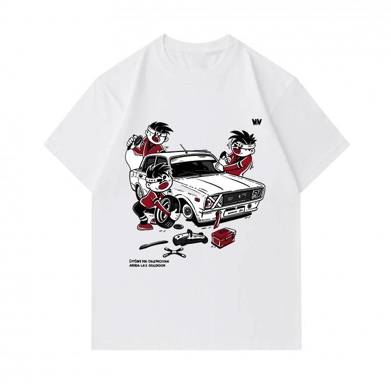Men's 100% Cotton Crew Neck Short Sleeve T-Shirt, Funny Cartoon Car Maintenance Team Print Casual Comfy Tee for Daily Street Wear