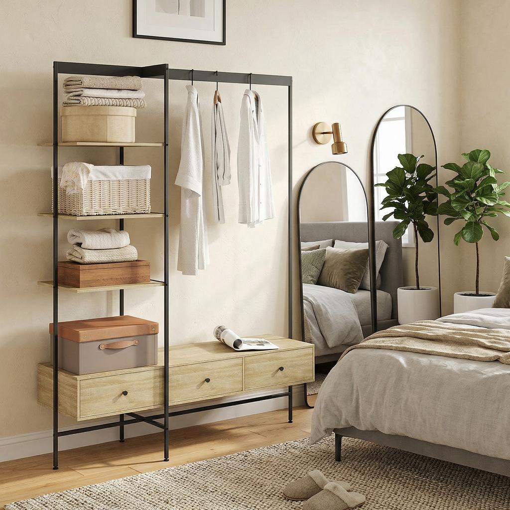 Wardrobe Stand With Shelves Drawers And Clothes Rail 180 Cm Freestanding Wardrobe Stand In Modern Style Metal Frame Oak