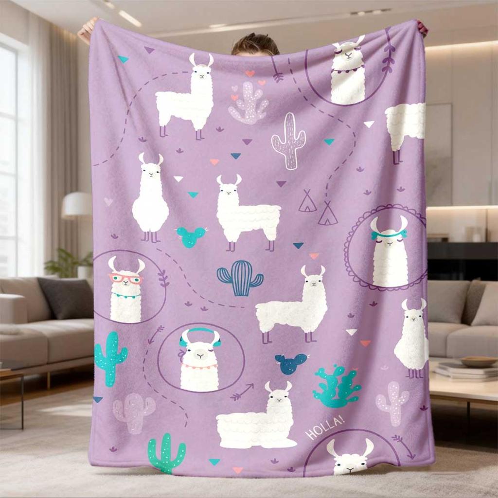 1pc Soft & Breathable Bohemian Alpaca and Cactus Throw Blanket | Purple Cartoon Design, Lightweight Flannel for Sofa, Bedroom, Office, Dorm, and Outdo