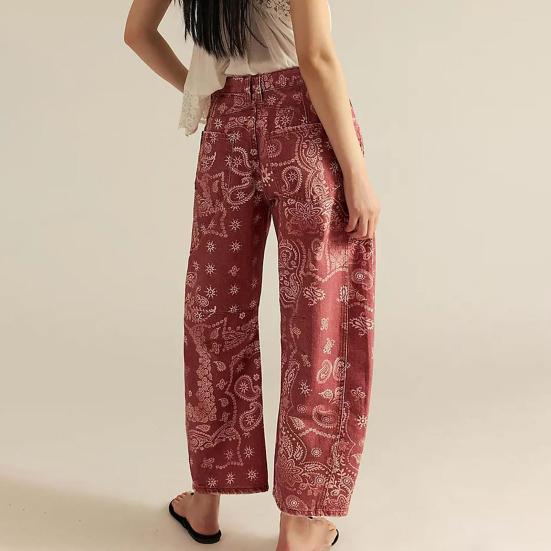 Джинсы-бочки для женщин, джинсы-бойфренды мешковатого кроя с цветочным принтом, повседневные джинсы из денима с широкими штанинами до щиколотки и средней посадкой