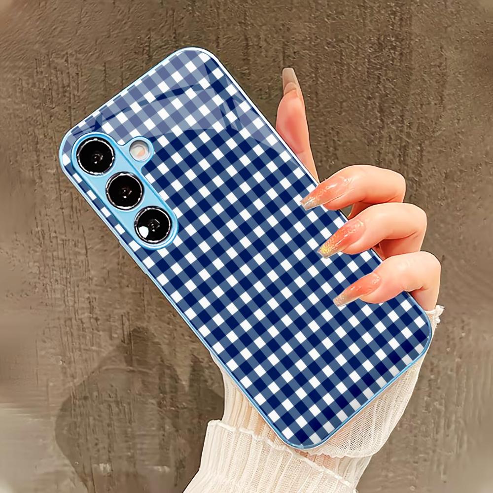 Сине-белая мелкая клетка Чехол для телефона для Samsung Galaxy S26 S25 S24 S23 S22 FE Ultra Plus Встроенное стекло ощущение голой панели Мужчины женщины