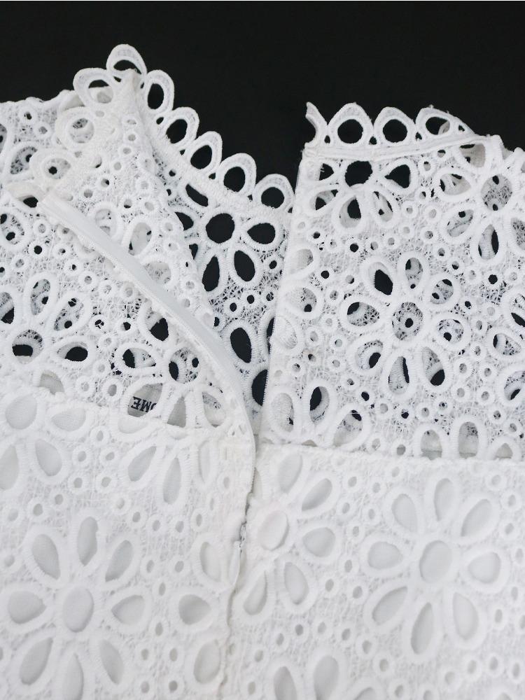 AOMEI White Lace Dresses Women Short Sleeve Hollow Out High Waist A Line Midi Casual Work Party Gowns