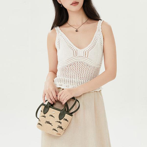 Longchamp Складная сумка-корзина с вышитым логотипом, съемный плечевой ремень, текстура соломы, холст, мини-сумка через плечо, сумка-тоут, женские сумки 10206HCF292