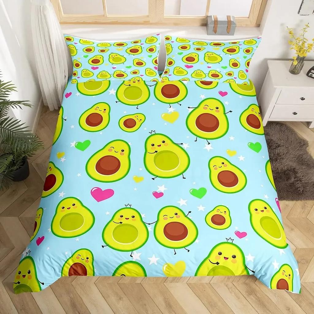 Fruit Duvet Cover Collection Cute Cartoon Avocado Decor 3 Piece Bedding Collection With 2 Pillow Shams Queen King Full Size Paprika Green