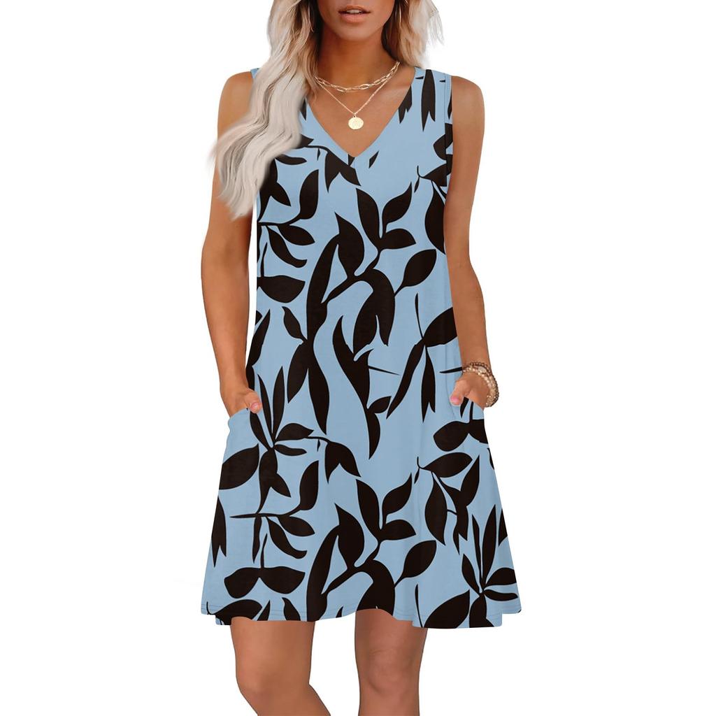 Женские летние платья свободного кроя с принтом V-образным вырезом без рукавов сарафаны пляжное гавайское платье с карманами