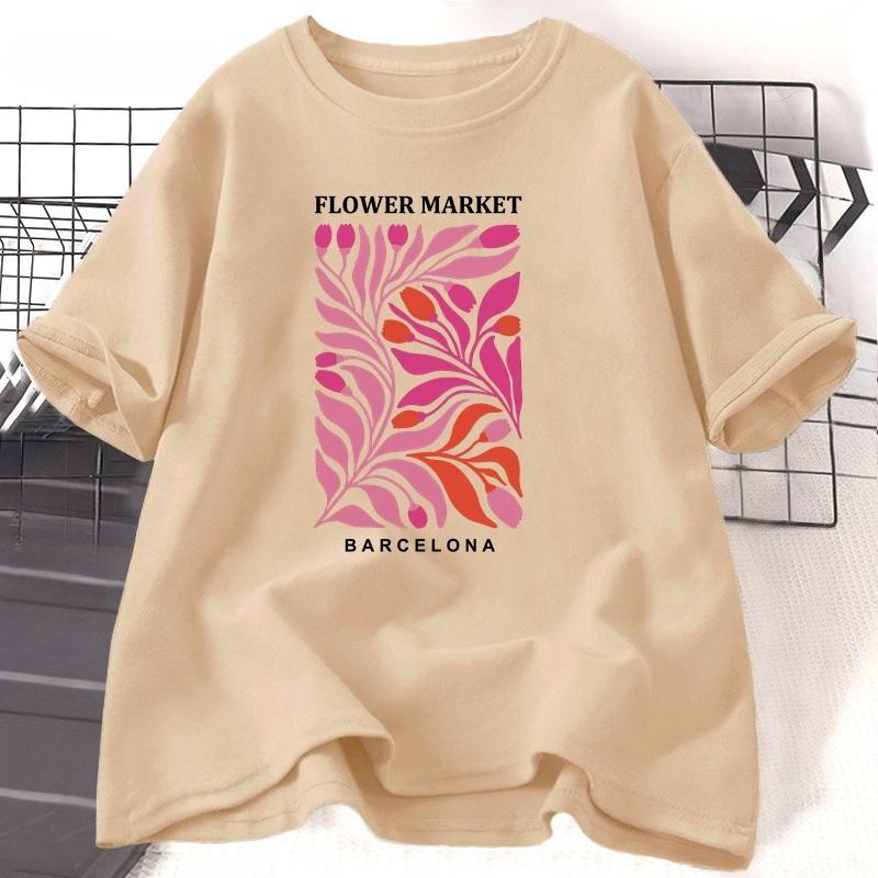Flower Market Barcelona Tshirt Women Cotton Flower Tshirt Casual Short Sleeve Round Neck Summer Graphic T Shirts Clothes Tops