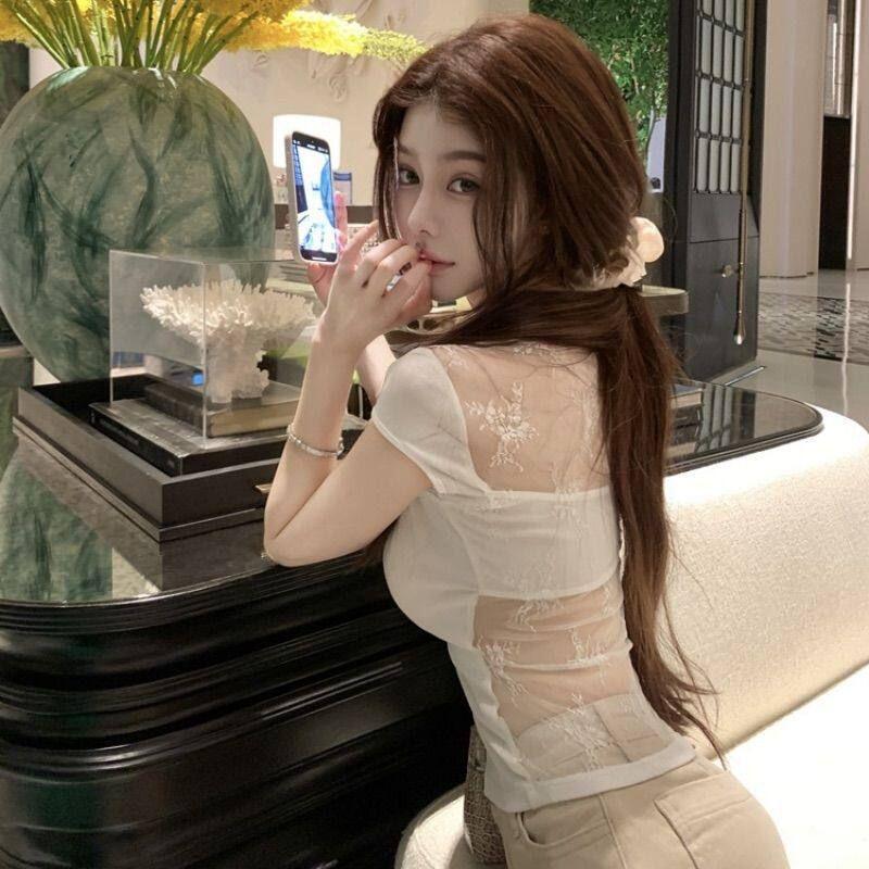 Pure Desire Style Square-Neck Short-Sleeve Knit T-Shirt for Women, Summer Lace Patchwork White Slim-Fit Inner Wear, Tight-Fitting Slimming Top