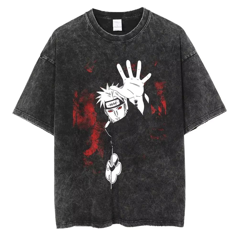 Anime Naruto TShirt Manga Retro Washed Version Kakashi TShirt Pain TShirt Lee Tobi Top Mens Cotton Streetwear