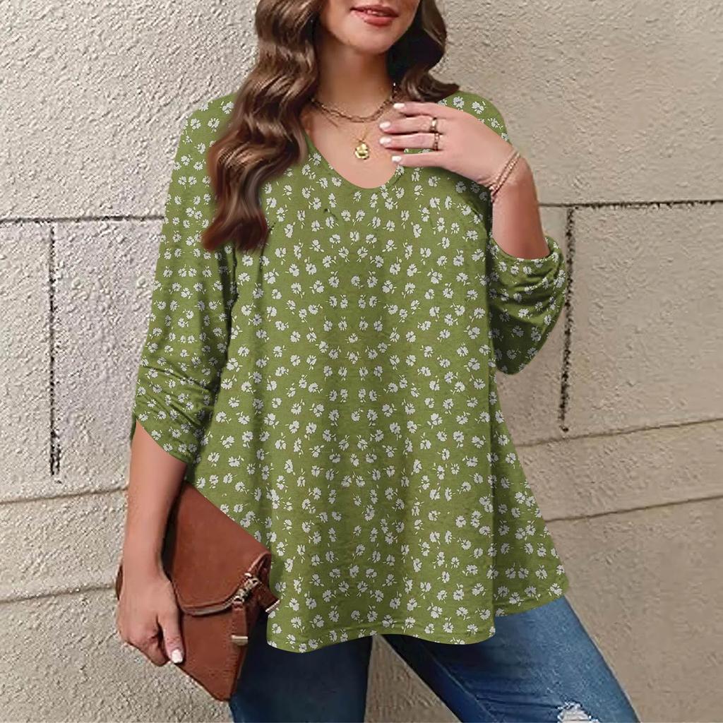 Women's Plus Size Fashion Printed Casual Pleated Round Neck Long Sleeve Top