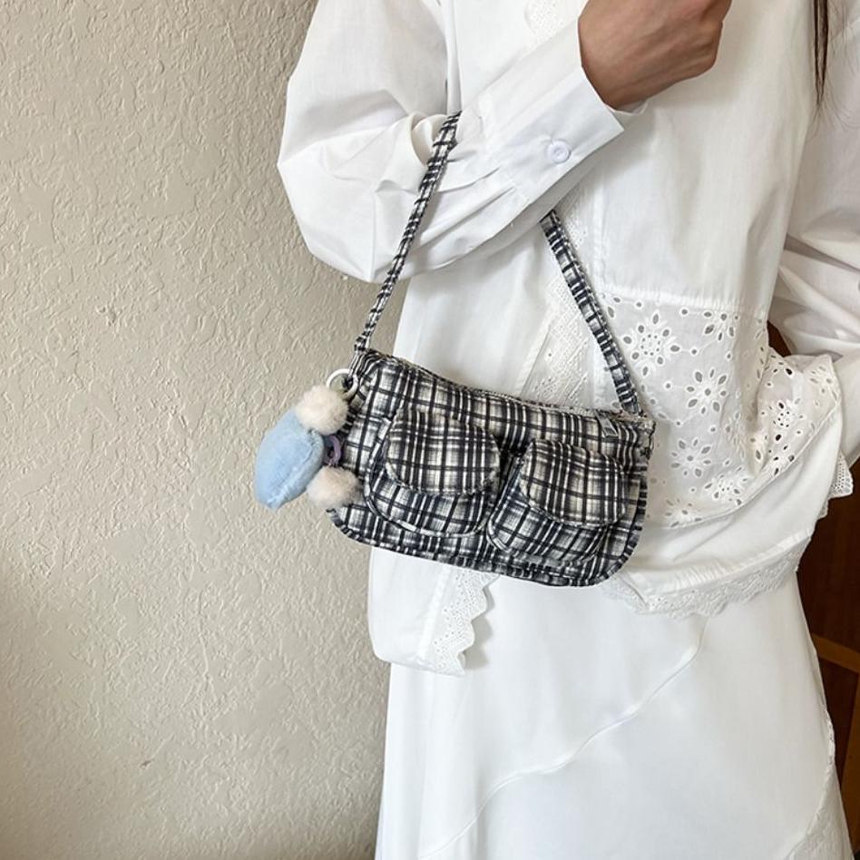 Designer Plaid Shoulder Bag Multi Pocket Women Handbag Korean Striped Armpit Bag Daily