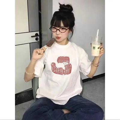 Принт «Кошка на диване» Женская футболка с круглым вырезом Топы Американская Y2k Уличная одежда Женский топ с коротким рукавом