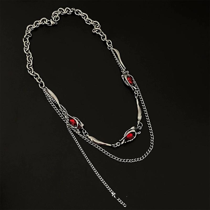 Vintage Black Red Zircon Pendant Necklace for Men Punk Silver Color Choker Chain Necklace Y2K Aesthetic Scene Jewelry Accessori