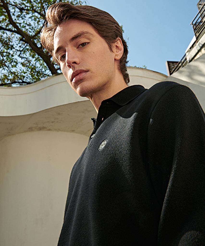 AVEN Signature Flower Jacquard Wool Knit Polo Shirt Black