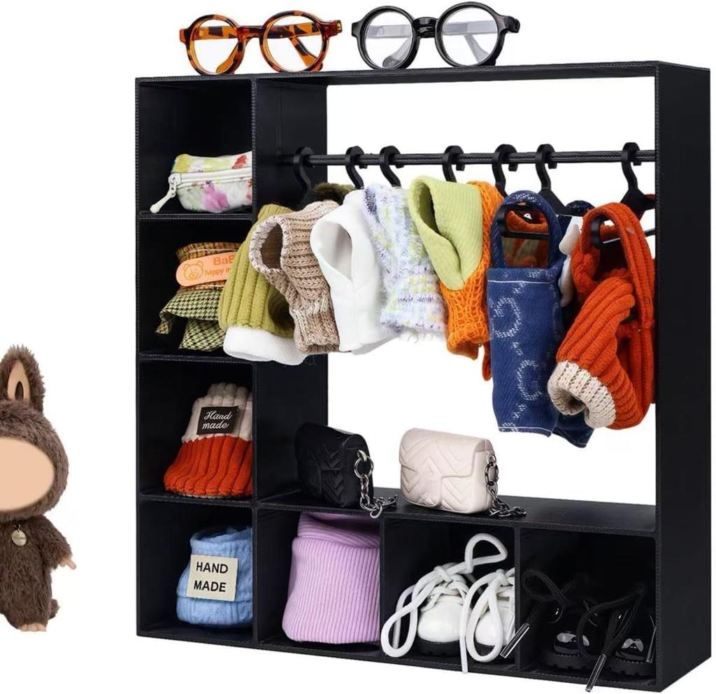 Шкаф для кукольной одежды для Лабубу, Аксессуары для кукол для одежды Лабубу, Кукольный гардероб Аксессуары для кукольного домика для кукол 15/17 см Одежда с 10 вешалками