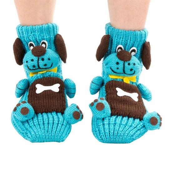 1 Pair Winter Socks 3D Cartoon Animal Socks Knitted Anti-slip Mid-tube Thickened Elastic Keep Warm Floor Socks with Silicone Dot Soles