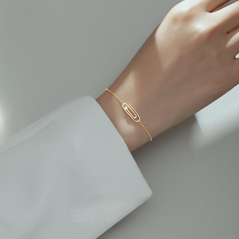 S925 Sterling Silver Gold-plated Paper Clip Bracelet for Women Ins Cool Style Niche Simple Pin Hand Jewelry for Women