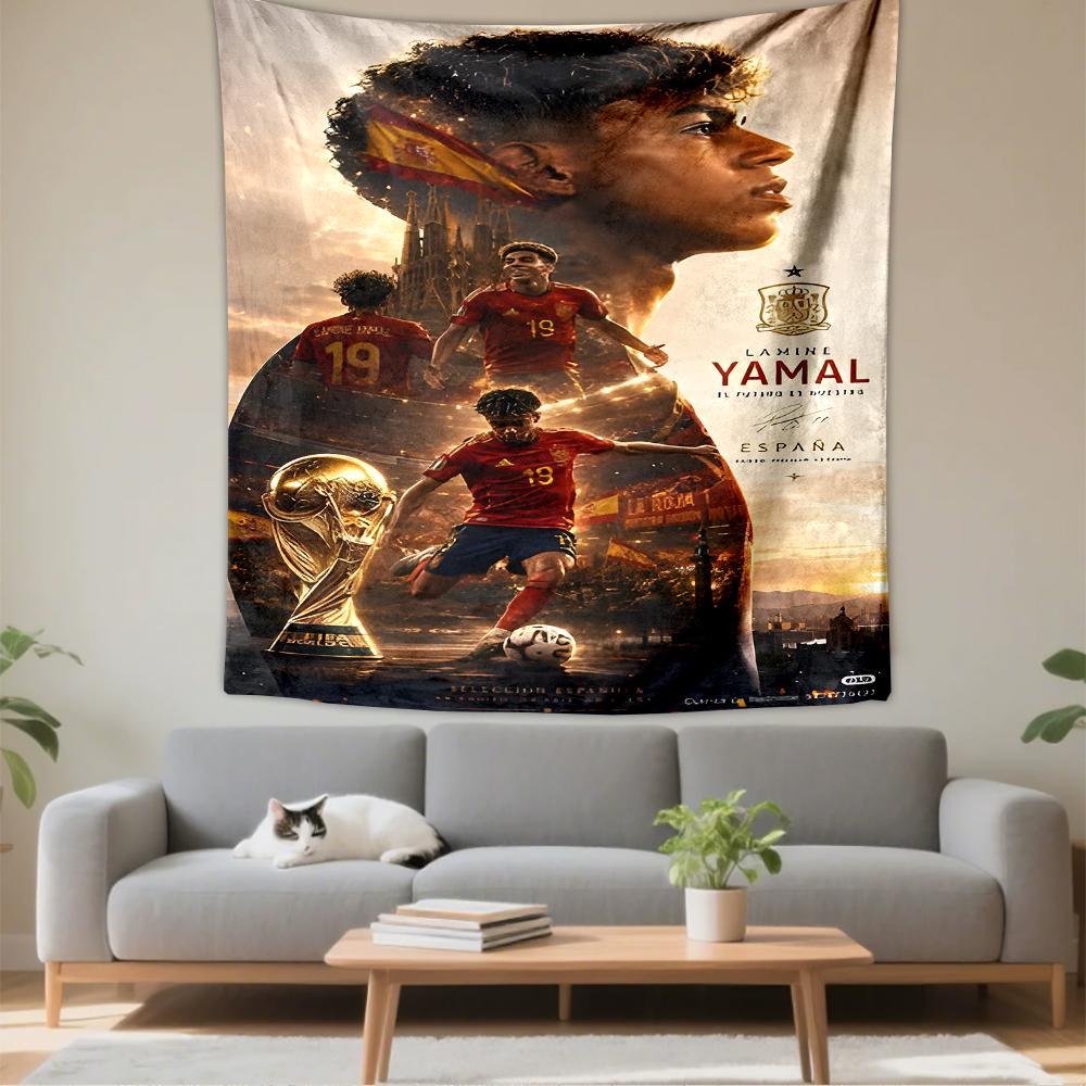 Tapestry Lamine Yamal Spain 19 Double Exposure Sagrada Familia Spanish Flag World Cup Trophy Sunset Poster