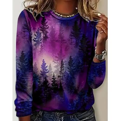 2025 Осень и Зима Женский Новый Повседневный Топ с Круглым Вырезом и Длинным Рукавом с 3D Принтом Дерева