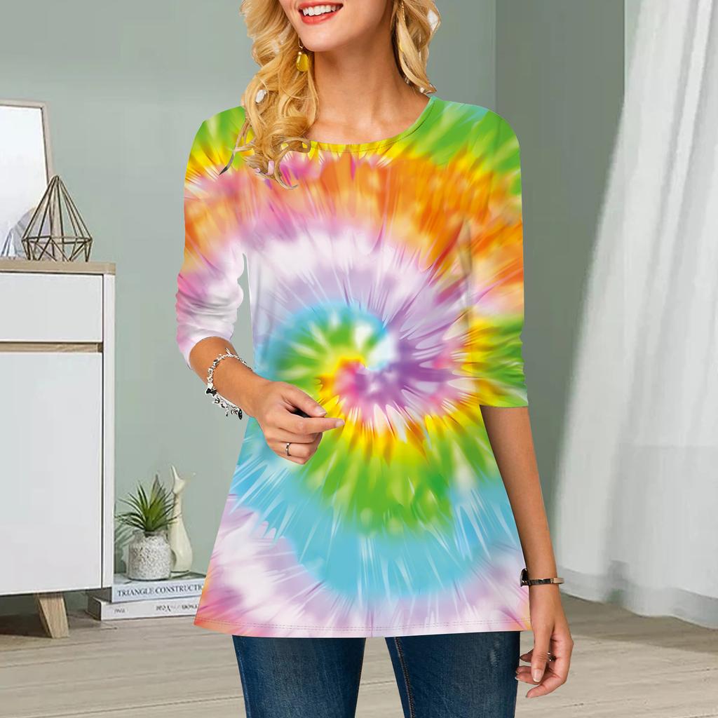 Плюс Размер Женский Цветочный Tie-dye Принт Круглый Вырез Повседневный Свободный Длинный Рукав Топ