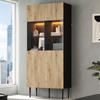 Modern Tall Cabinet with 10 Storage Compartments and Glass Doors, LED Lighting - 80*35*180cm (W/H/D), Natural Wood Color + Black, Display Cabinet