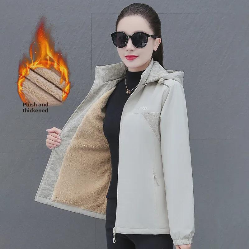 Женская ветрозащитная и водонепроницаемая куртка с капюшоном на бархатной подкладке для осени и зимы