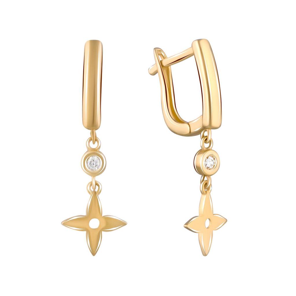 Золотые серьги подвесками с английским замком 585 пробы желтого европейского золота с белыми фианитами 0.4ct (210194903)