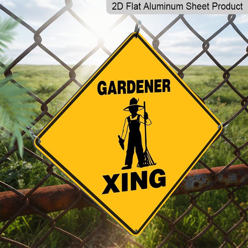 2D Flat - 1pc, Funny Gardener Crossing Sign - Diamond-Shaped Metal Aluminum Warning Plaque with Lawn Mower Design, Yellow & Outdoor/Indoor Farmhouse