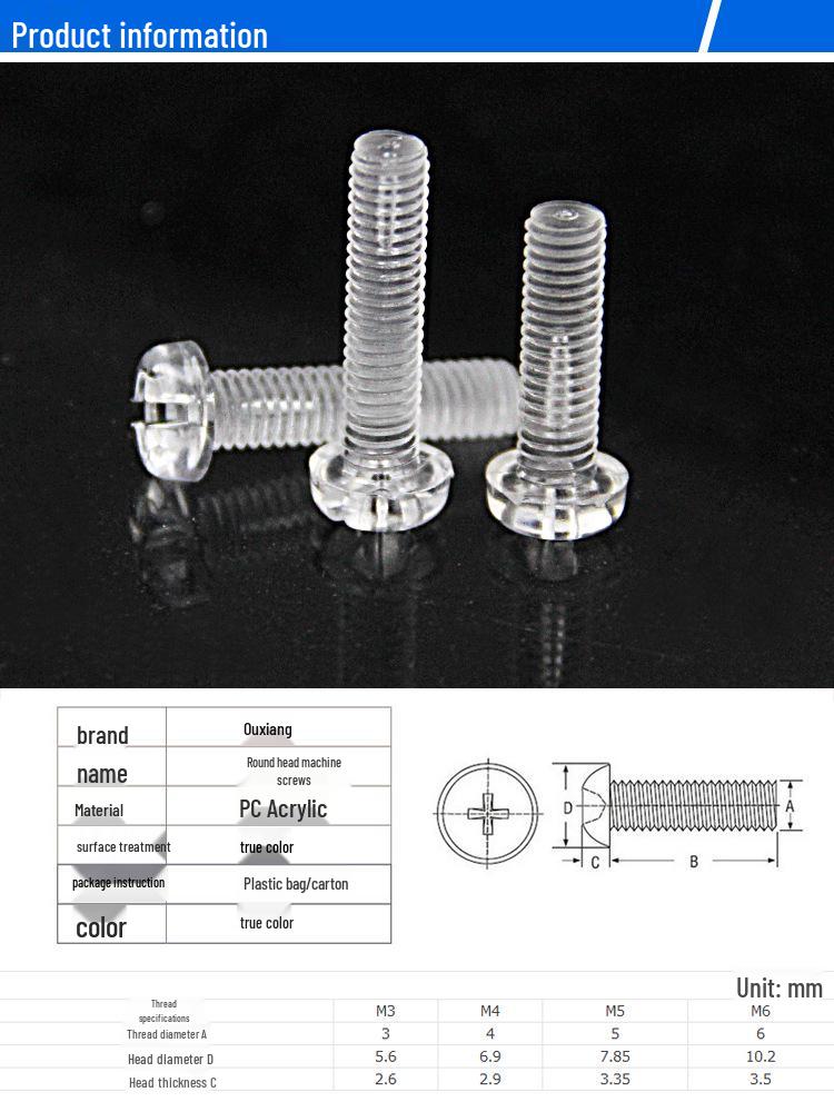 Acrylic Phillips Pan Head Screws: PC Translucent, Round Head, M2.5-M8