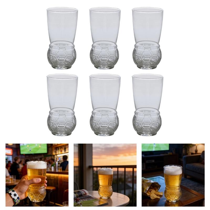 6Pcs Clear Soccer Design Glass Cups 450ml Large Capacity Watch Game Drinkware For Beer And Beverages