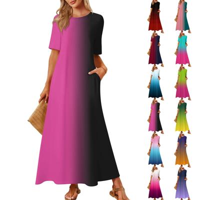 Женская модная и повседневная длинная пляжная юбка с круглым вырезом и короткими рукавами, свободное платье с принтом в стиле ретро