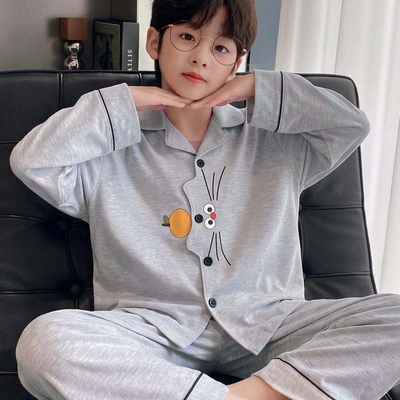 Boys Cotton Pajama Set Long Sleeve Open Front Cartoon Print Home Wear Kids Teens