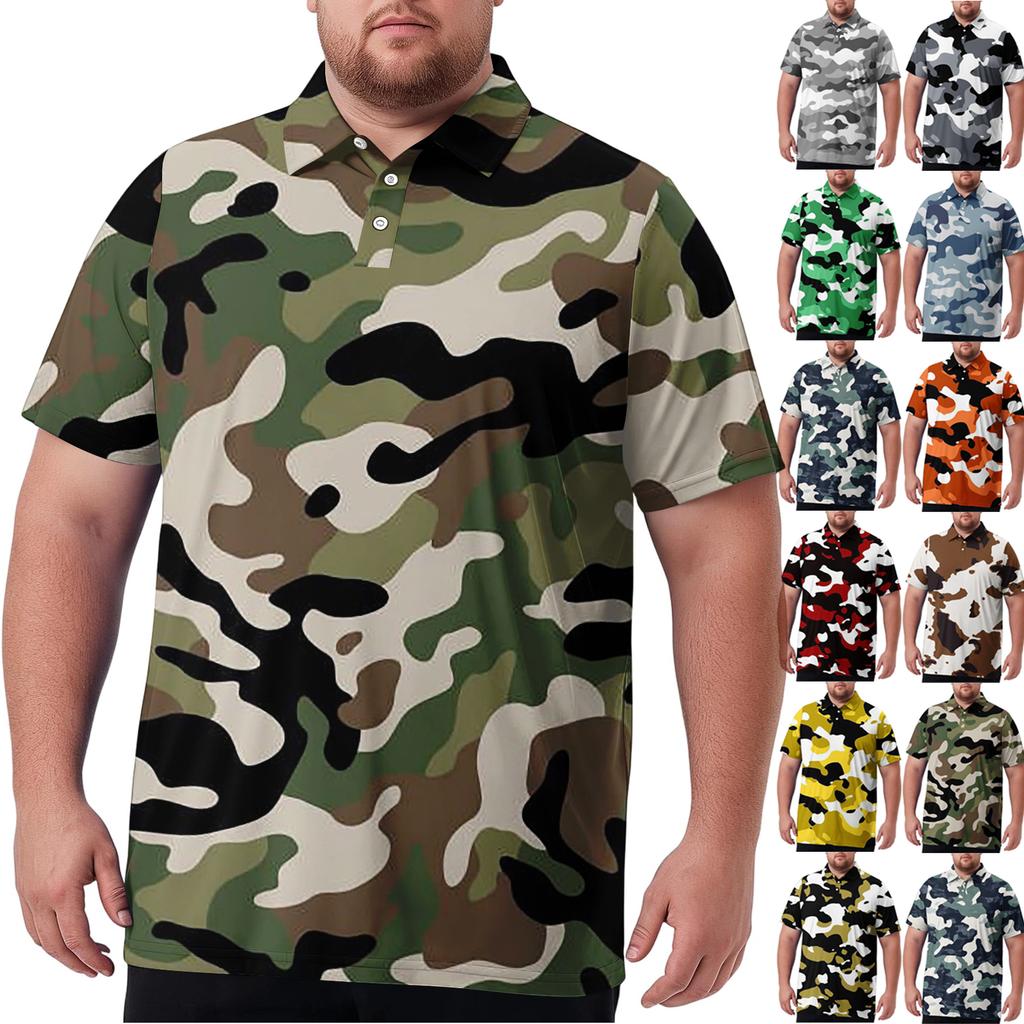 Men's Big Size Camouflage Print Golf Shirt Breathable Short Sleeve Polo Shirt Suitable for Casual Workwear Tops