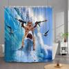 Funny Cat Shower Curtain Cute Cool Kitty Riding Whale Cartoon Animal Ocean Wave Children Bathroom Curtain Waterproof With Hooks
