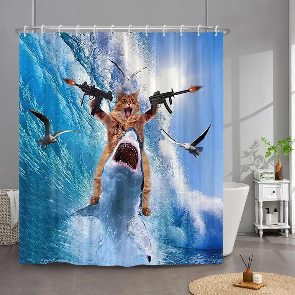 Funny Cat Shower Curtain Cute Cool Kitty Riding Whale Cartoon Animal Ocean Wave Children Bathroom Curtain Waterproof With Hooks