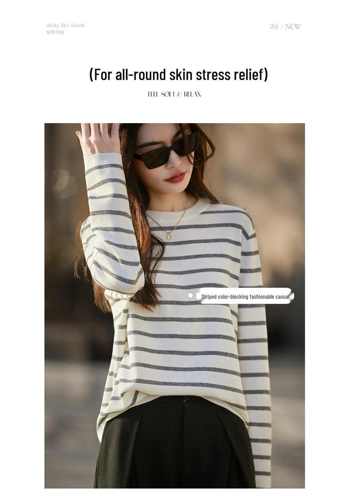 Women's Retro Striped Knit Top: Wool-Silk Blend, Long Sleeve, Round Neck, Perfect for Spring & Autumn