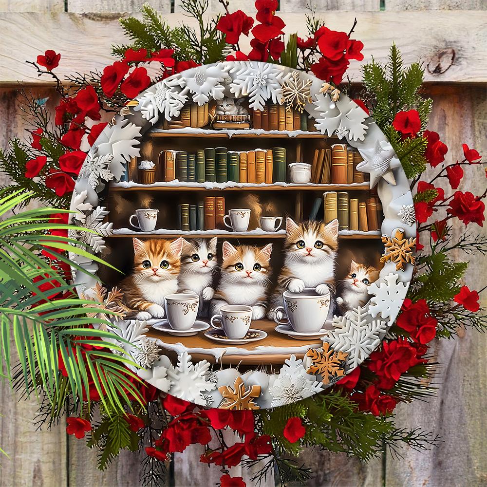 2D Flat Hanging Decorative Signs,interior Wall or Door Decoration,garden Dec,the Pattern Is Bookshelf and Cute Kitten,a Housewarming Gift for Friends