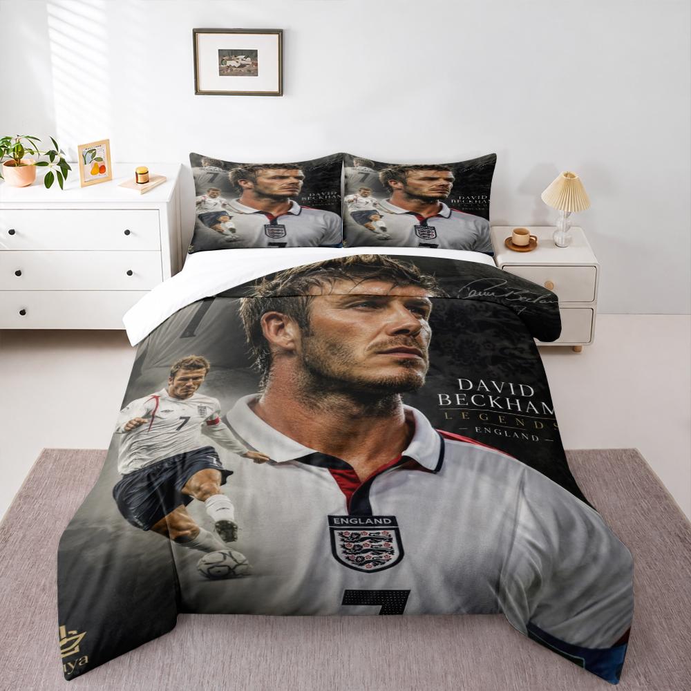3 Piece Bedding Set with Duvet Cover and 2 Pillowcases - David Beckham England 7 Legend Portrait Print - White Jersey Decor