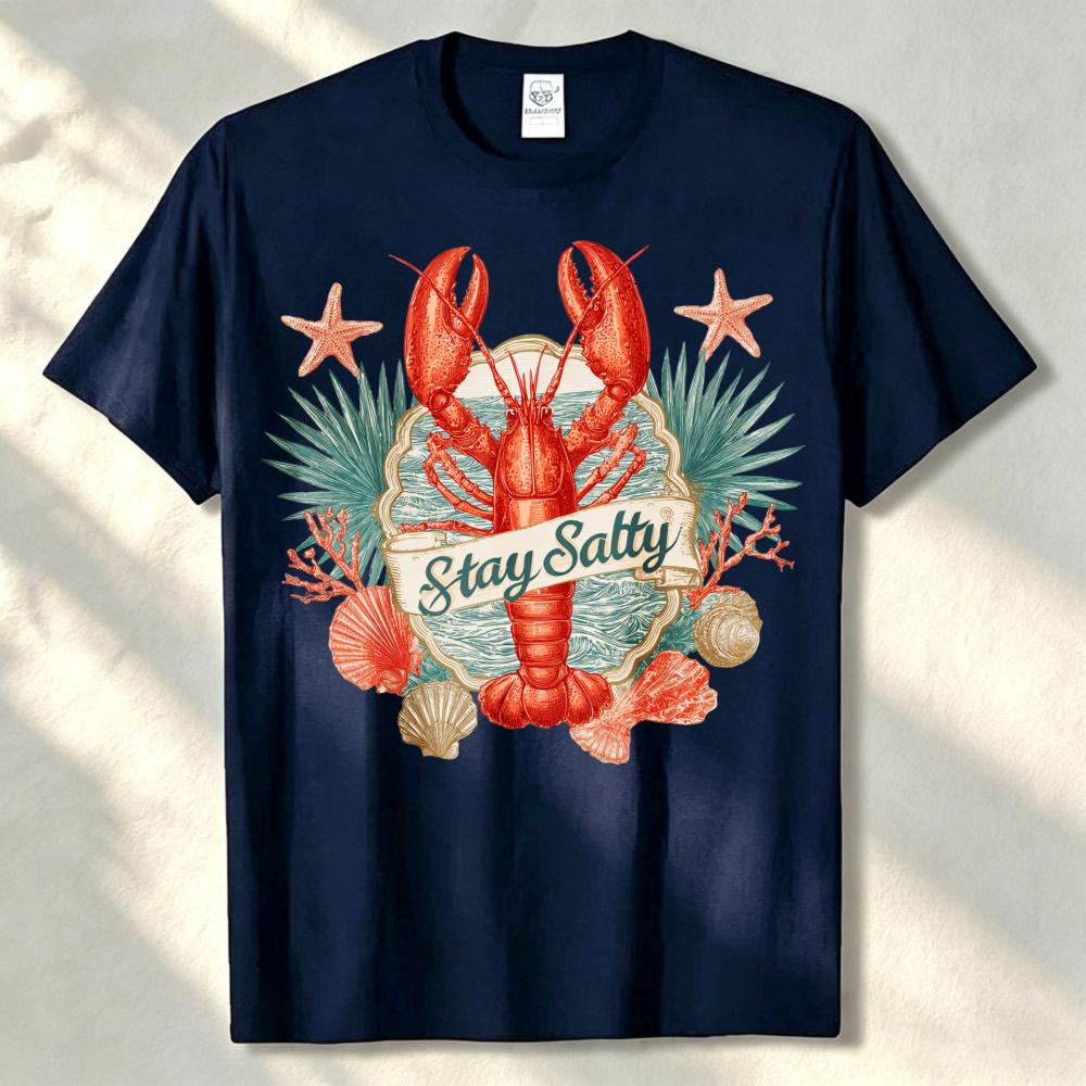 Summer Lobste Stay Salty Trendy Spring Break Summer Beach Coastal Nautical Vacation Vintage High Quality Cotton ShortSleev Top