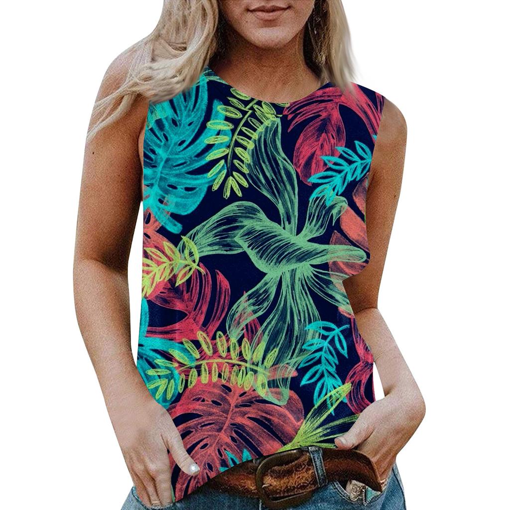 Женская повседневная футболка без рукавов с круглым вырезом и гавайским принтом