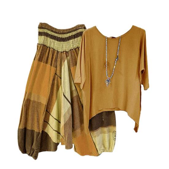 1 комплект, футболка, брюки, клетчатый узор, эластичный пояс, летняя блузка с неровным подолом, широкие брюки, уличная одежда