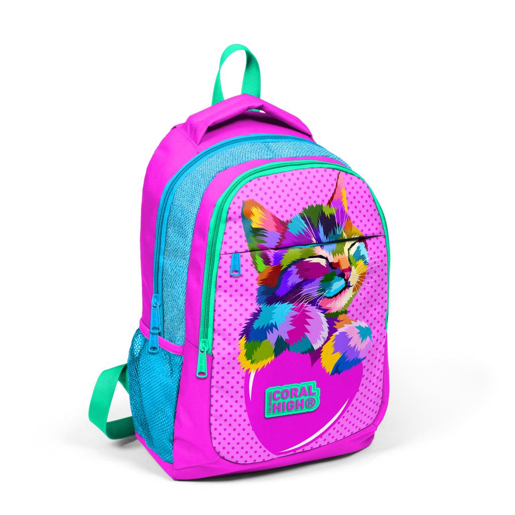 Школьный рюкзак с тремя отделениями и USB-портом Coral High Kids, розово-синий, блестящий, с кошачьим узором, 24301