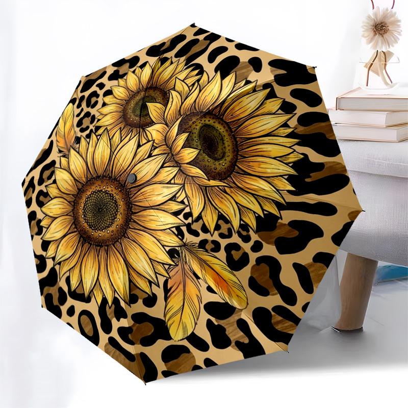 1pc Sunflower, Leopard Print, Nature Umbrella with Plastic Handle,Compact & Stylish,Suitable for All Seasons YS331044