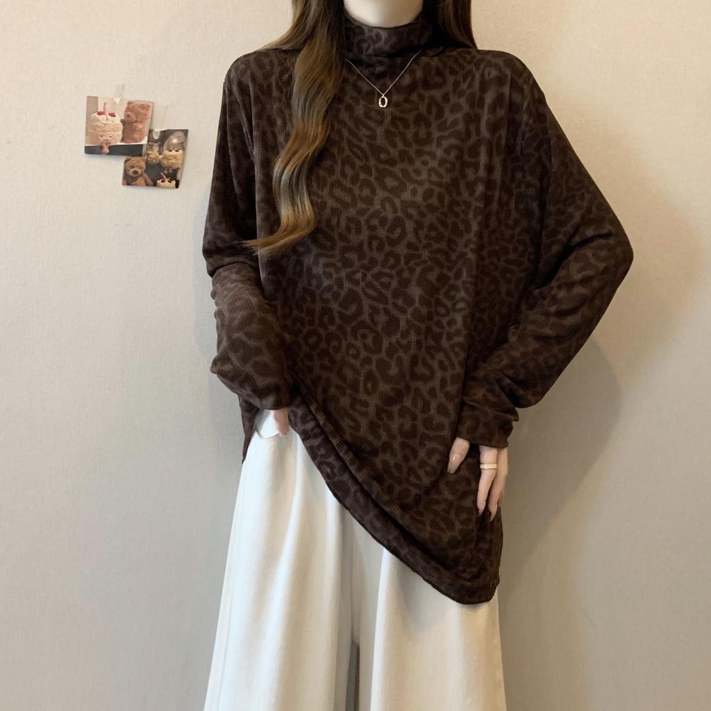 Women Turtleneck Leopard Print Long Sleeve Top Soft Stretchy Loose Casual Layering Shirt