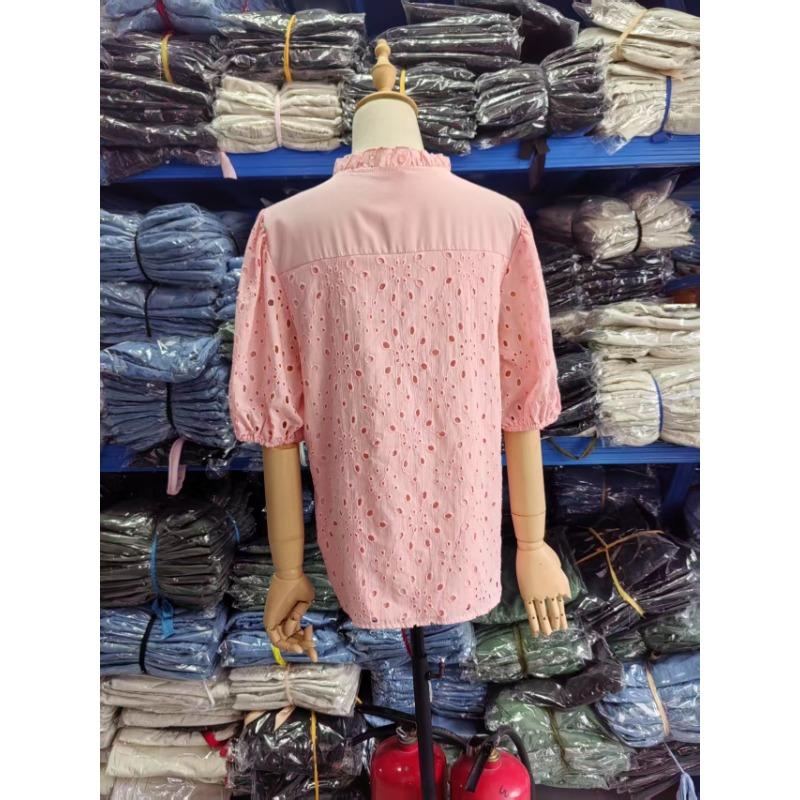 Womens Summer V Neck Lantern Sleeve Hollow Out Lace Embroidered Casual Blouse