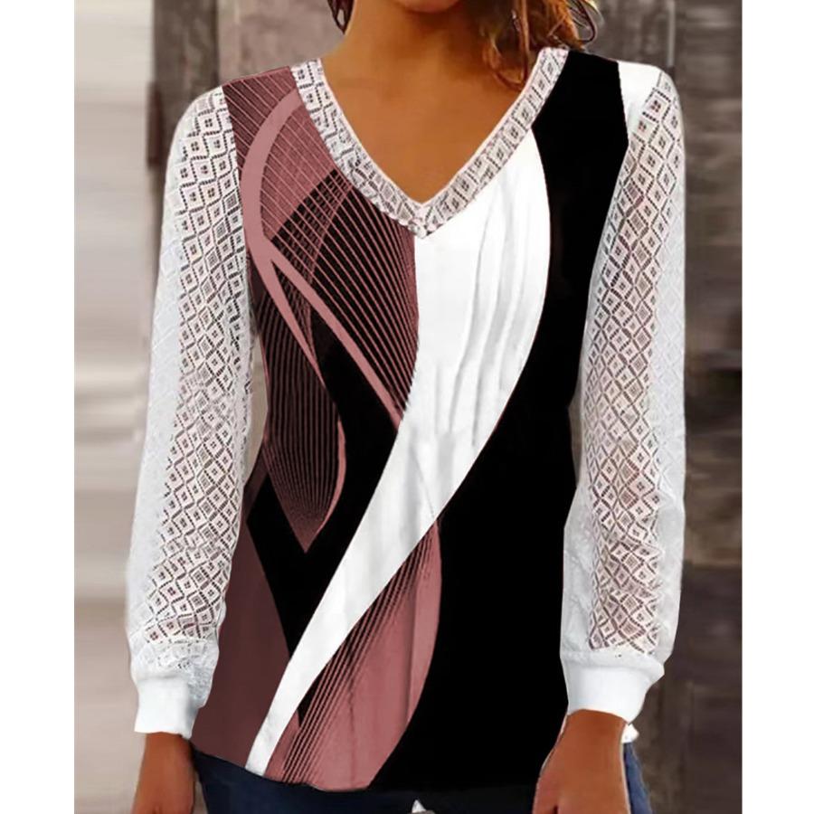 Осенне-зимняя женская блузка с v-образным вырезом, свободная кружевная лоскутная рубашка с принтом, женский топ