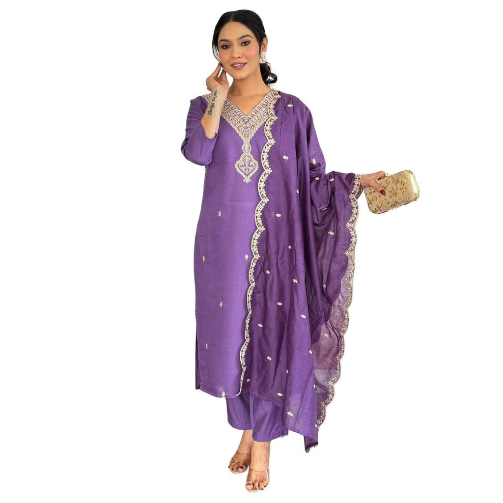 Viscose Chanderi Ethnic Kurta Set Designer Wedding Wear Kurti Pant Dupatta Set VF-1455