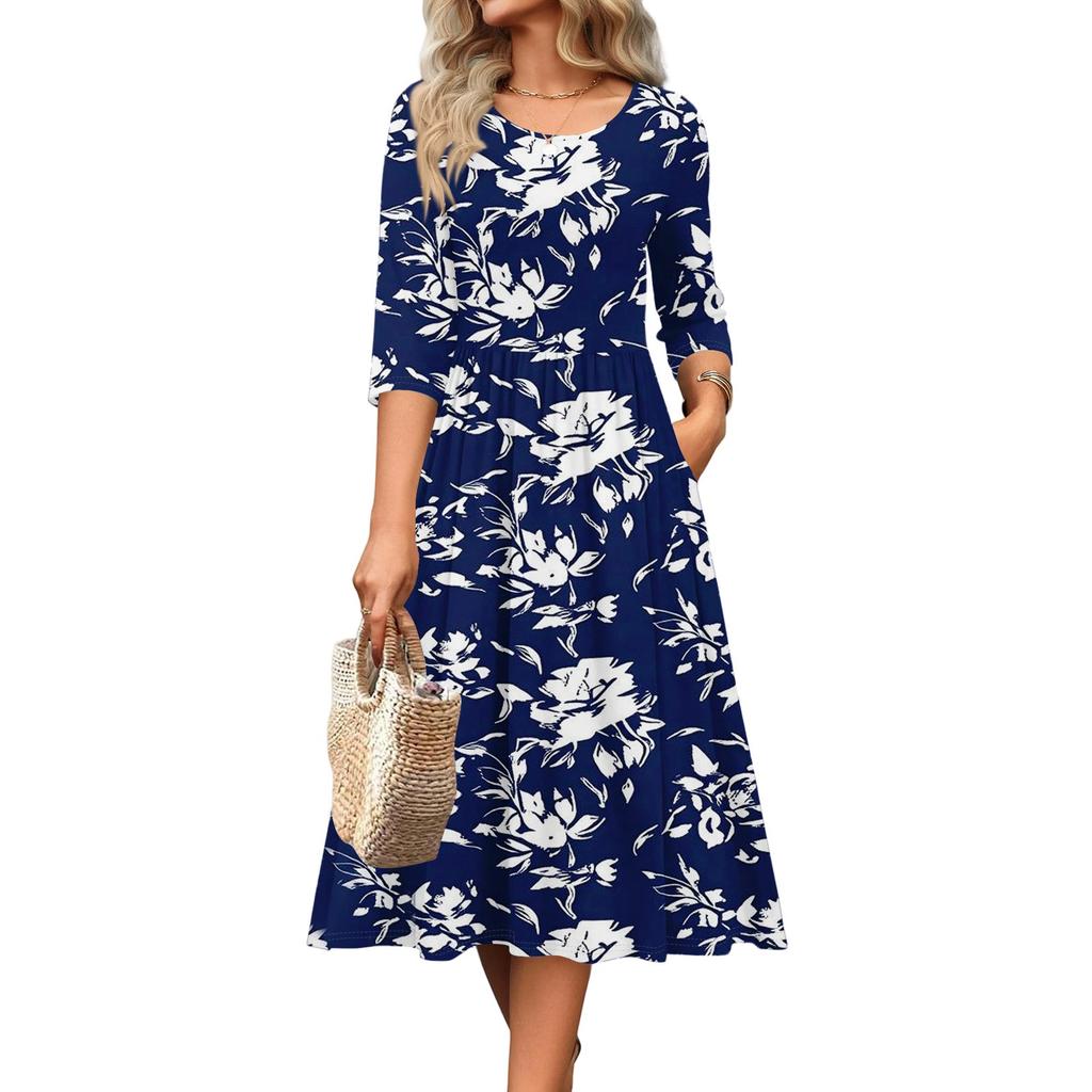 Женское платье с рукавом 3/4, повседневное, свободное, А-силуэта, миди, футболка, с карманами, с круглым вырезом, для отпуска, в стиле бохо, пляжный сарафан