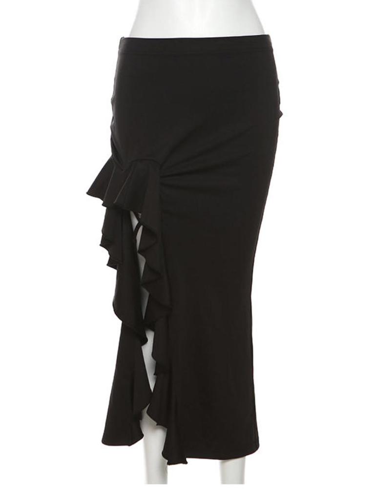 Women's Slit Black Midi Skirt High Waist Irregular Ruffled Skirt Sexy Bottom Clothes Fashion Streetwear Spring Summer